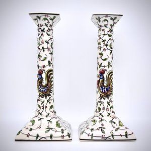 Nora Fenton Ceramic Folk Art Candleholders Rooster Ivy Motif Set Square Portugal